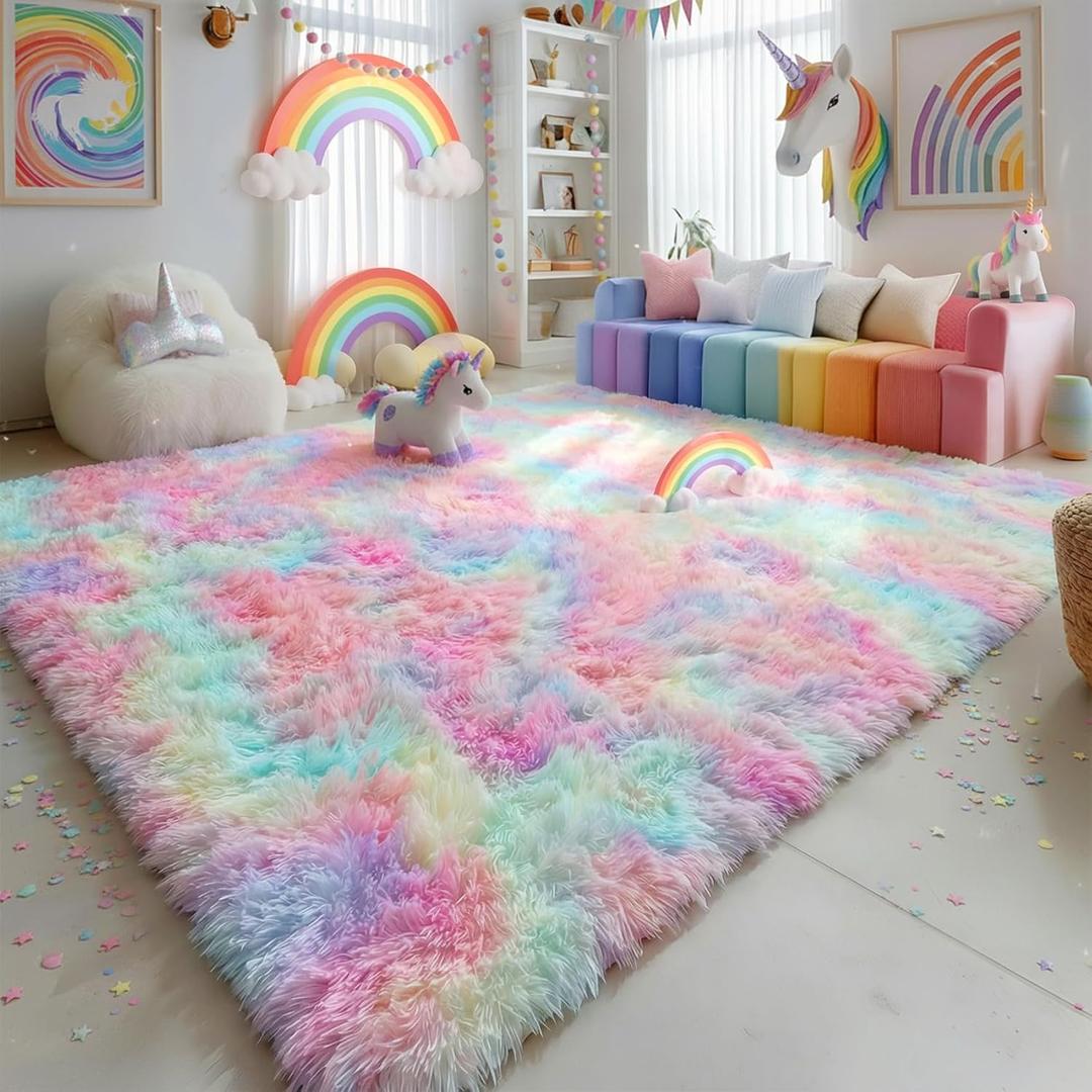 Amdrebio Rainbow Unicorn Colorful Kids Rugs for Girls Bedroom, 8x10 Fluffy Shag Area Rugs for Playroom Classroom, Large Pastel Room Decor Aesthetic, Cute Fuzzy Kawaii Princess Carpet for Baby Toddler