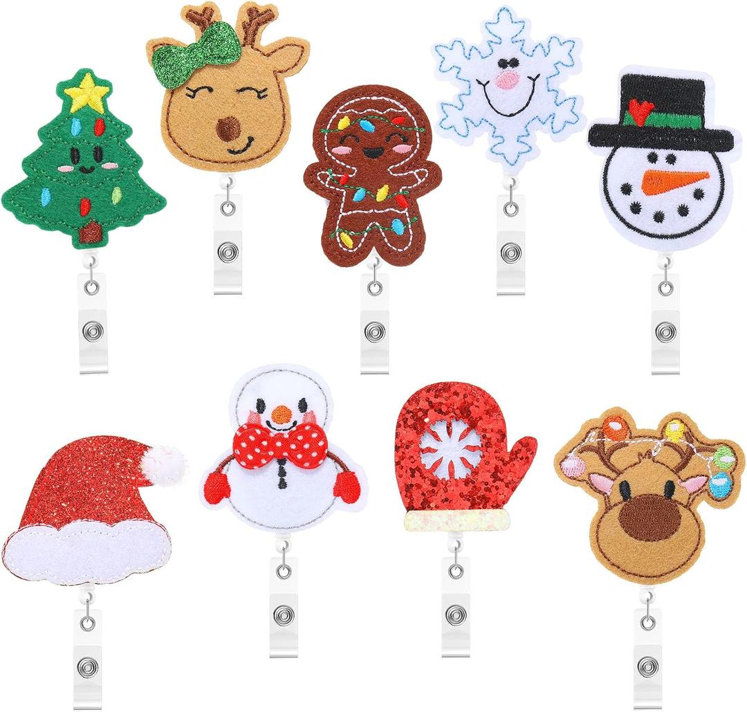 9 Pcs Christmas Holiday Badge Reels Retractable Badge Holder Nurses ID Badge Clip Christmas Tree Snowman Elk Gingerbread Man ID Badge Holder Decorative for Student Teacher (Christmas Style)