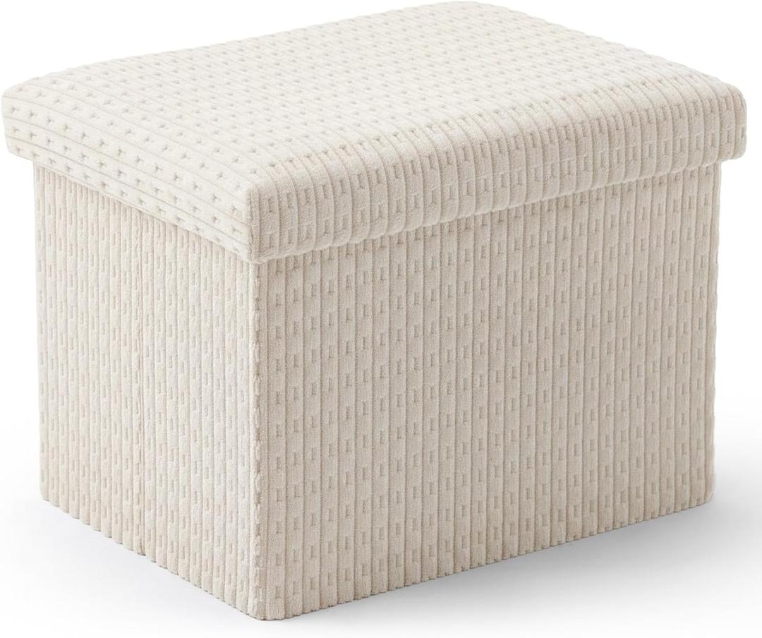 Thyle Storage Ottoman Cube, Small Foldable Footrest Stool for Under Desk Use, Sturdy Corduroy Ottoman with Storage for Snacks, Toys, Living Room, Bedroom, Dorm or Home Office, 16x12x12 Inch(Beige)