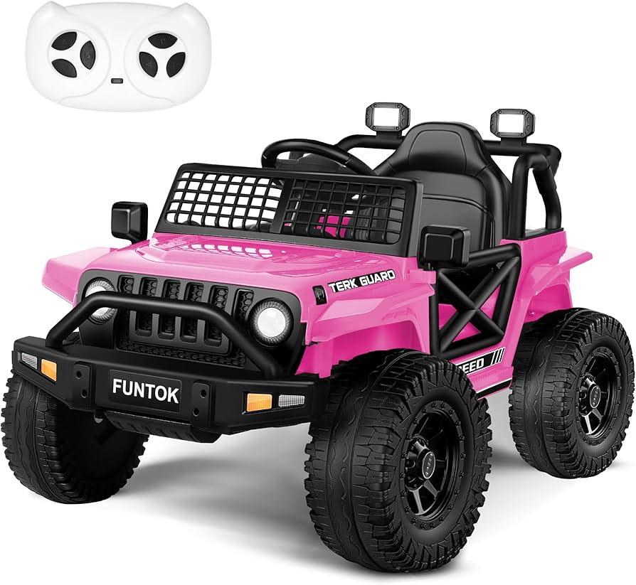 FUNTOK 12V 7AH Ride On Truck, Electric Car for Toddlers 1-3 w/Remote Control, LED Lights, 3 Speeds, Spring Suspension, Soft Start, Bluetooth Speaker, Music Player, Gifts for Boys and Girls (Pink)