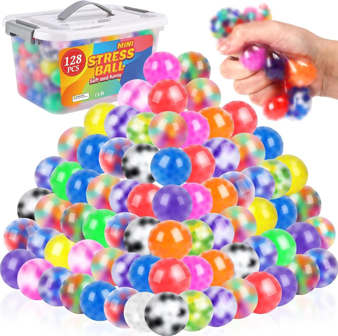 128 Pack Stress Balls for Adults, Bulk Squishy Ball, Bulk Stress Balls Set, Anti-Anxiety and Fidget Balls to Relax, Party Favors, Birthday Gifts, Goodie Bag Stuffers