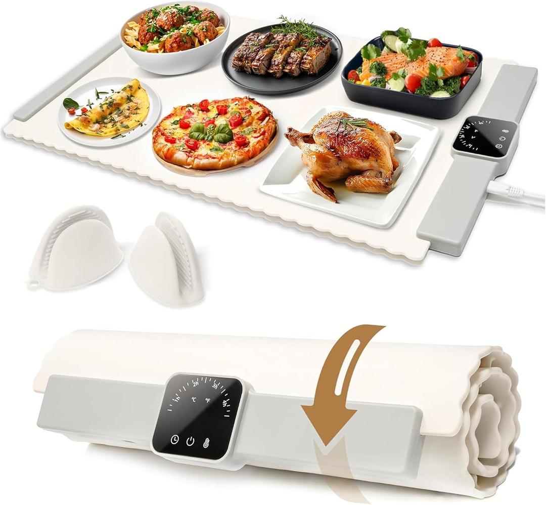 Warming Mat for Food – 24x16” Foldable Buffet Tray with 5 Temperature Settings & Auto Timer – Electric Silicone Plate Warmer for Parties, Catering, Dinner & Baby Bottles – Includes Gloves