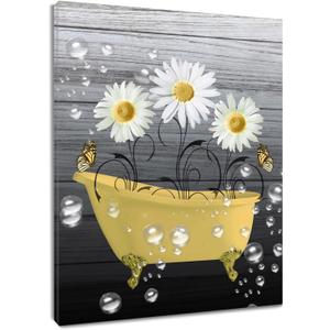 EOBTAIN Vintage Yellow Floral Canvas Wall Art Daisy Flower and Butterfly in the Bathtub Framed Wall Art for Bedroom, Bathroom, Living Room, 12x16 Inches (16L" x 12W")