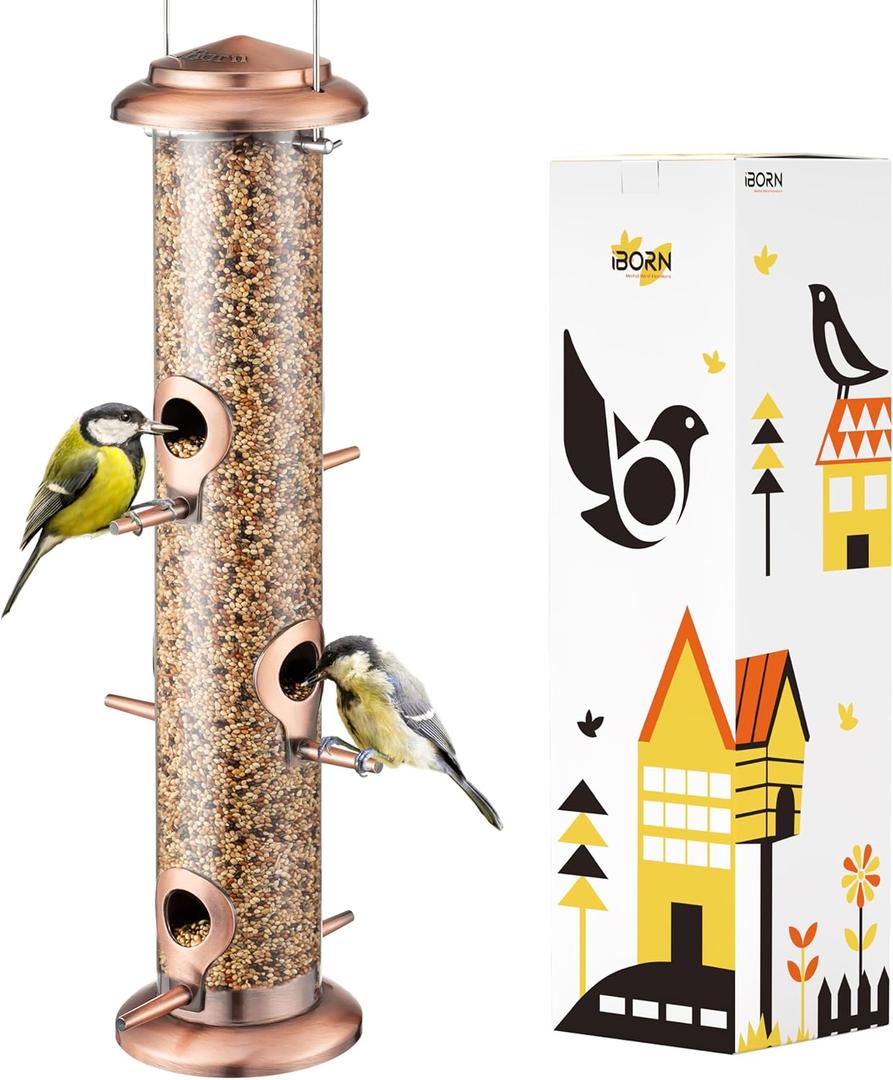 iBorn Metal Bird Feeders Brushed Copper Wild Bird Feeder for Outdoors Hanging All Metal Brushed Copper Finishing 14 Inch 6 Port (Seed is Not Included)