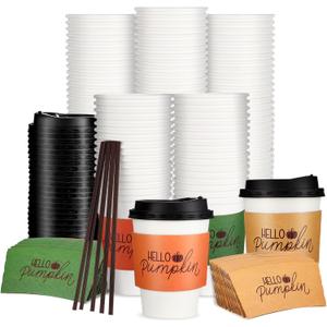 Jingmore 100 Set 12 oz Winter Christmas Hot Coffee Cups Disposable with Lids and Sleeves Hot Cocoa Cups for Winter Christmas Thanksgiving Birthday Party Supplies (Classic, White)