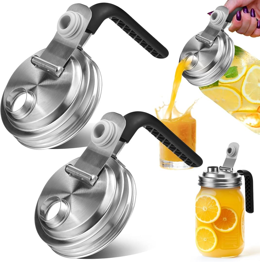 Mason Jar Pour Spout Lid Stainless Steel with Handle, Wide Mouth Pour Spout Flip Cap Lids for Mason Jars, Anti-Cracking Leak Proof Seal Cover Airtight for Drinking Salad Dressing & Food Storing(2PCS)