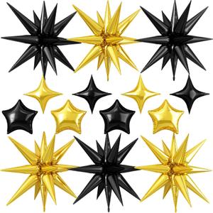 14pcs Black Gold Star Balloons, Mixed Star Foil Balloon,22Inch Explosion Stars Balloons with 10Inch Stars Shaped Balloon,for Birthday Graduation Anniversary Wedding Baby Shower Disco Party Decorations