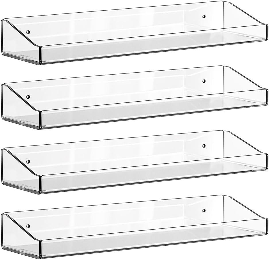4 Pcs Acrylic Floating Shelves, 15" Wall Mounted Bookshelves Farmhouse Shelves for Display Book Photo Figures Plants, Display Shelf Organizer for Bedroom Living Kitchen Room Storage