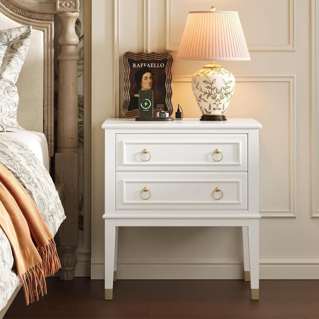 Huuger 27.6 Inch Tall Nightstand with Charging Station, USB-C Port, 2 Drawers Bedside Table, Larger Night Stand with 11.4 Inch Raised Legs, Painted Side Table End Table, for Bedroom, White