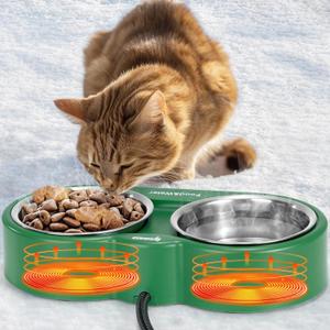 IPOW 54 OZ Heated Cat Bowl with Double Removable Stainless Steel Bowl, Outdoor Heated Water Bowl, Heated Pet Bowls Provide Feral Cats and Kittens with Ice-Free Food and Water During Cold Winter Months