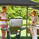 FAB BASED 5x8 Grill Gazebo with Extra Awning, All-Weather Steel Construction, Double Tiered & Resistant Canopy Roof, Metal Serving Shelves, 2 LED, Bottle Opener for Patio, Backyard, BBQ (Dark Gray)