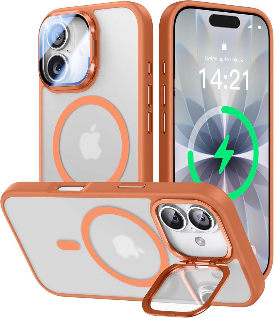 VOFATA [Upgraded Full Camera Protection] for iPhone 17 Case with Camera Cover Stand [Fit for MagSafe][10FT Mil-Grade Protection] Translucent Magnetic iPhone 17 Phone Case, Orange