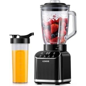 GDOR Professional Blender for Smoothies, 5 Functions, 1200 Peak Watts Smoothie Blender, 52 Oz Glass Jar & 24 Oz To-Go Cup Combo, Ice Crushing & Frozen Fruit, Self-Cleaning, Black