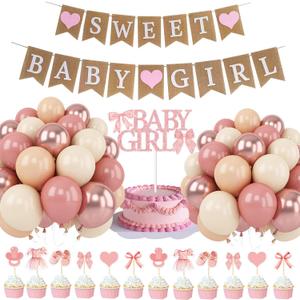 Sweet Baby Girl Burlap Banner, Pink Rose Gold Baby Girl Shower,Rose Gold Balloon , Photo Decoration Props SweetRustic Baby Shower Decorations