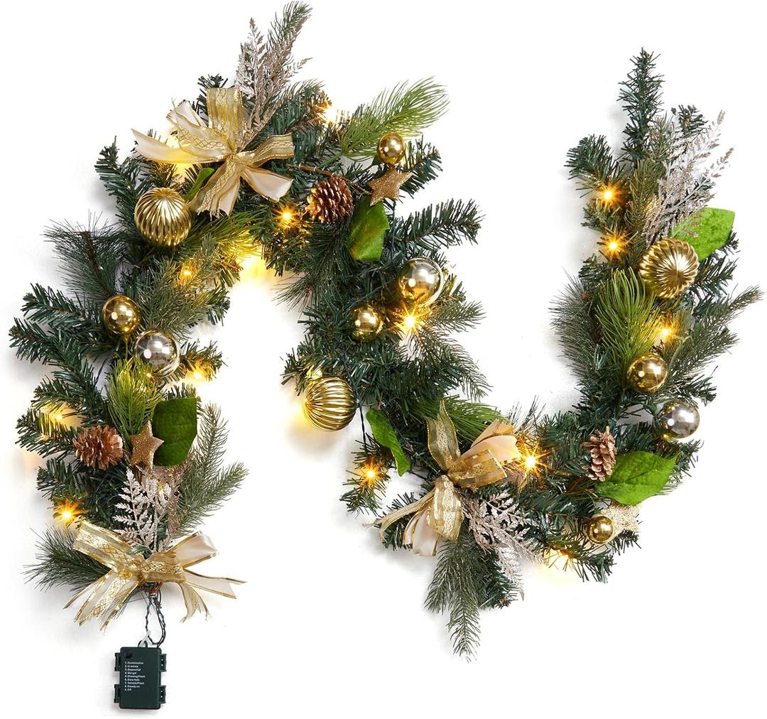 LinTimes 6 FT Pre-Lit Christmas Garland, Gold Lighted Xmas Garland with 20 LED Lights with Timer for Mantle Staircase Table, Winter Garland with Ribbon, Xmas Ball, Pine Cones, Star, Battery Operated
