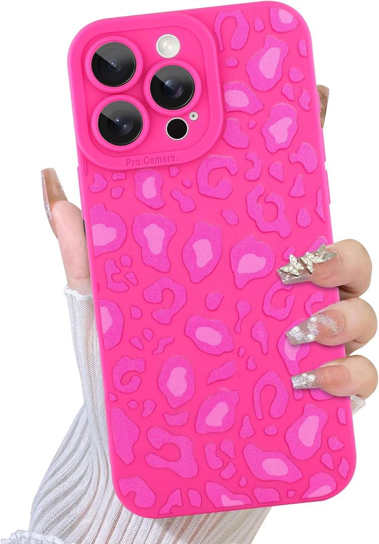 TEAUGHT Compatible with iPhone 16 Pro Max Case Cute Pattern Leopard Print Cheetah Camera Protection Cover, Cheetah Pattern Phone Case Silicone for Girls Women -Hot Pink