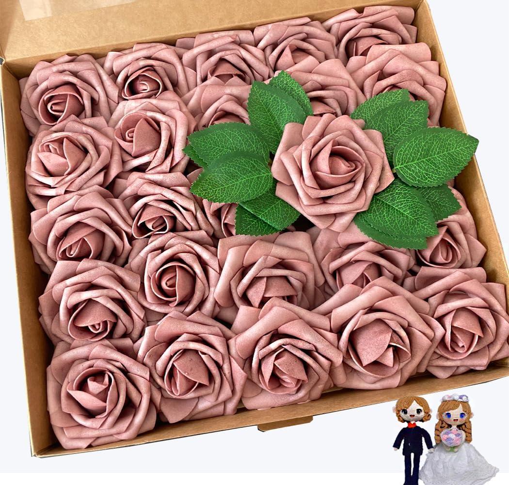Dusty Rose Artificial Flowers 25pcs, Dusty Rose Flowers for Centerpieces DIY Wedding Decorations, Real Looking Dusty Pink Flowers with Stems for Valentine's Day Dessert Table Decor
