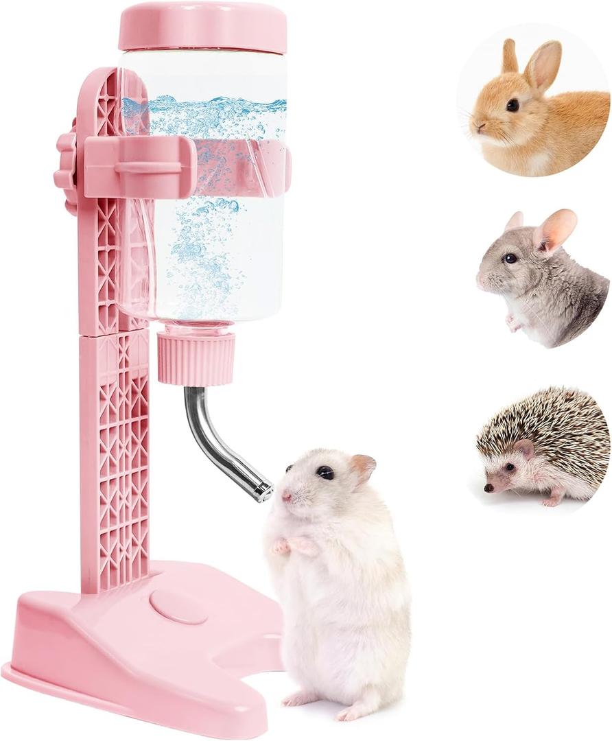 VANNON Pet Standing Water Dispenser Top Fill Dog Water Bottle Dispenser with Stand Leakproof Pet Slow Water Bottle for Small Animals, 13oz, BPA Free, Adjustable Height, Pink