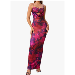 XinFSh Women's Summer Floral Bodycon Maxi Dress Spaghetti Strap Cutout Wedding Guest Long Dresses 2025, Size Large 