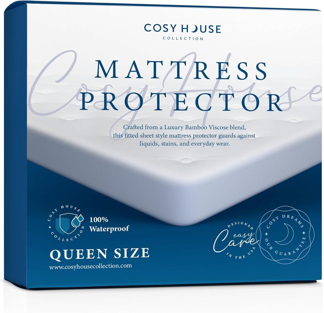 Cosy House Collection Luxury Mattress Protector - Blend of Rayon Derived from Bamboo - Master Bedroom Essentials - Ultra Soft Comfort, Stays Cool & Quiet - Premium Fitted Sheet Style (Queen) White