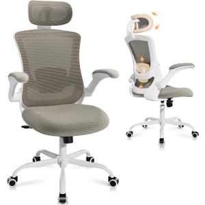 Ergonomic Office Chair with Adjustable Lumbar Support & Headrest, High Back Mesh Desk Chair with Flip-Up Armrests, Breathable & Comfortable Computer Chair for Home, Office & Study Khaki