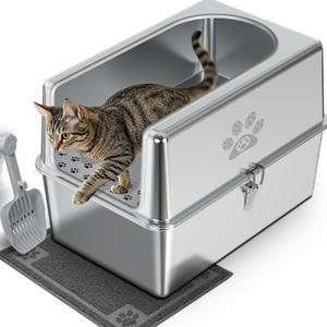 Enclosed Stainless Steel Cat Litter Box with Lid, XL Metal Litter Box for Big Cats, Extra Large Cat Toilet with High Side, Non-Stick, Anti-Leakage, Odorless, with Cats Litter Mat & Litter Scoop (XL-23.6"x15.7"x15.7")