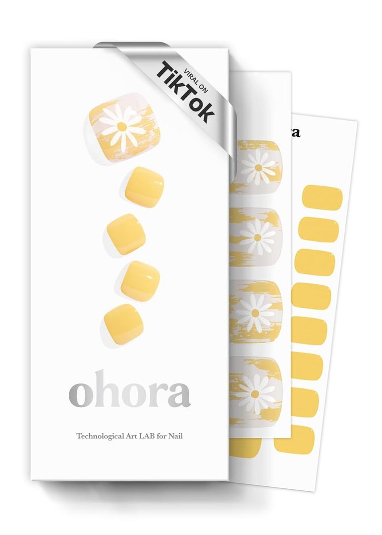 ohora Semi Cured Gel Pedi Strips (P Sun Daisy) - Yellow, Patterned, Works with UV/LED Lamps, Salon-Quality, Long Lasting, Easy to Apply & Remove - Includes 2 Prep Pads, Nail File & Wooden Stick