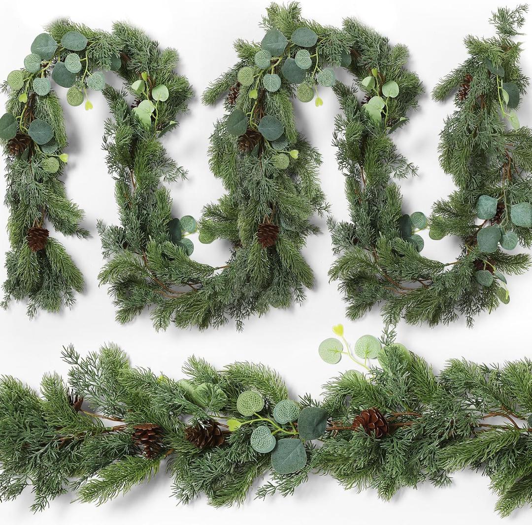 XunYee 9 Feet Christmas Cedar Garland, Realistic Pine Needles Garland with Cones and Eucalyptus Leaves, Artificial Greenery for Mantle, Stair, Doorway, or Xmas Holiday Decoration