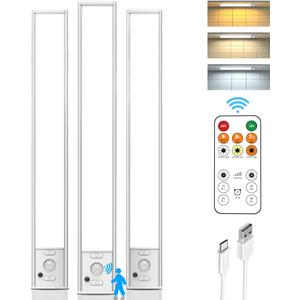 Under Cabinet Lights with Remote Control,12 inch Rechargeable 2500mAh Battery 350 Lumen Motion Sensor Indoor Light,3Pack Wireless Under Counter Light,3 Color Dimmable for Kitchen,Wardrobe,Closet