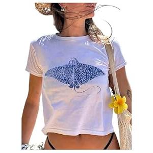 SOLY HUX Women's Y2k Graphic Tees Short Sleeve Aesthetic Vintage T Shirt Summer Crop Tops White Graphic Small
