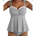 Aleumdr Womens Bikini Sets 2 Piece High Waisted Tummy Control Swimsuit Adjustable Strap Bikini Top with Swim Skirt Black and White Stripe, Large 