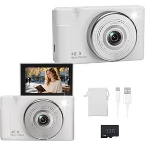 2K Digital Camera with 48MP Multi-Filter 16X Zoom Anti Shake, 3" LCD Screen Compact Vlogging Camera with 32G SD-Card, White