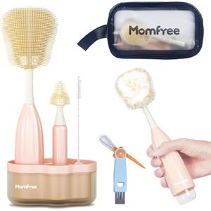 Baby Bottle Brush Set, Push-Press Baby Bottle Cleaner Brush Can Generate Foam - Travel Cleaner Brush for Baby Bottles, Breast Pumps, Nipples, and More(with Storage Bag) (Pink)