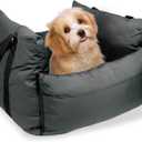 HappyTails Pet Car Seat for Dogs and Cats, Waterproof Booster Car Seat with Clip-On Safety Leash, Pet Traveling Carrier Bed with Storage Bags, Grey, Medium