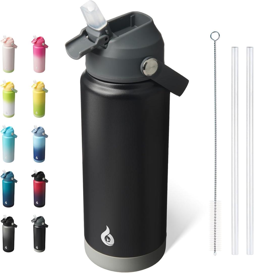 BJPKPK Water Bottle with Straw Lid, 24oz Vacuum Insulated Water Bottles, Metal Stainless Steel Thermos for Sports, Travel, BPA Free Leak Proof Thermos, Cups, Flasks, Tumblers,Black