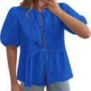 KIRUNDO Peplum Tops for Women 2026 Summer Eyelet Tie Front Blouses Casual Short Lantern Sleeve Cute Y2K Lace Babydoll Shirts (Blue, S)