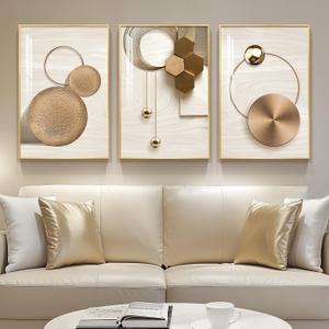 Framed Modern Luxury Gold Wall Art, 3 Piece Bright Style Art Prints Paintings Artwork for Walls, Bronze Gold Geometric Pictures for Living Room Dining Room Bedroom Wall Decor 16x24 In (Gold Circle Trio)