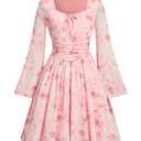 Verdusa Girl's Floral Mesh Boho Dresses Long Sleeve Ruched A Line Flowy Dress Spring Clothes Festival Outfits Size 11Y