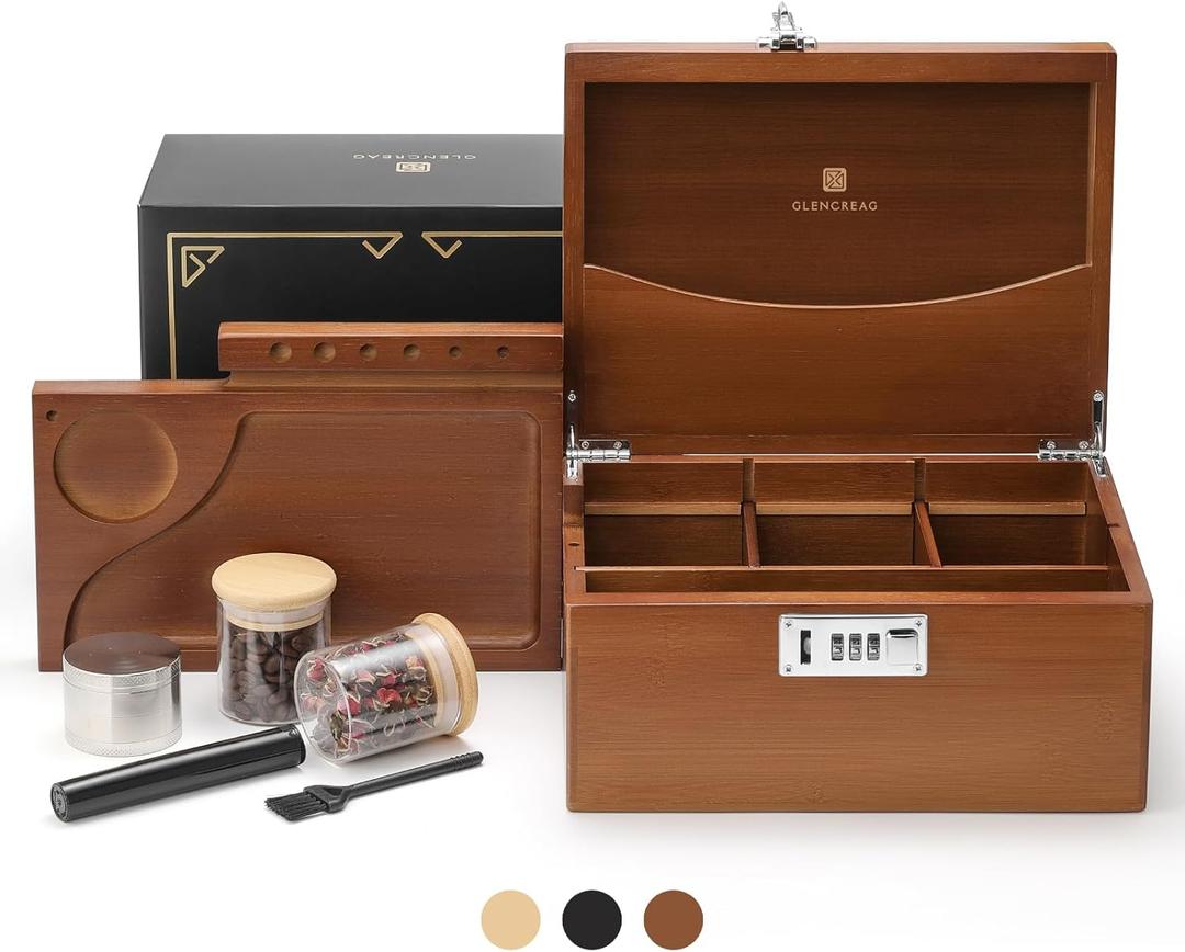 GLENCREAG Stash Box with Rolling Tray, Smell Proof Large Bamboo Storage Box with Lock, Decorative Set Includes Glass Jars & Grinder, Gift for Men Women (Brown)