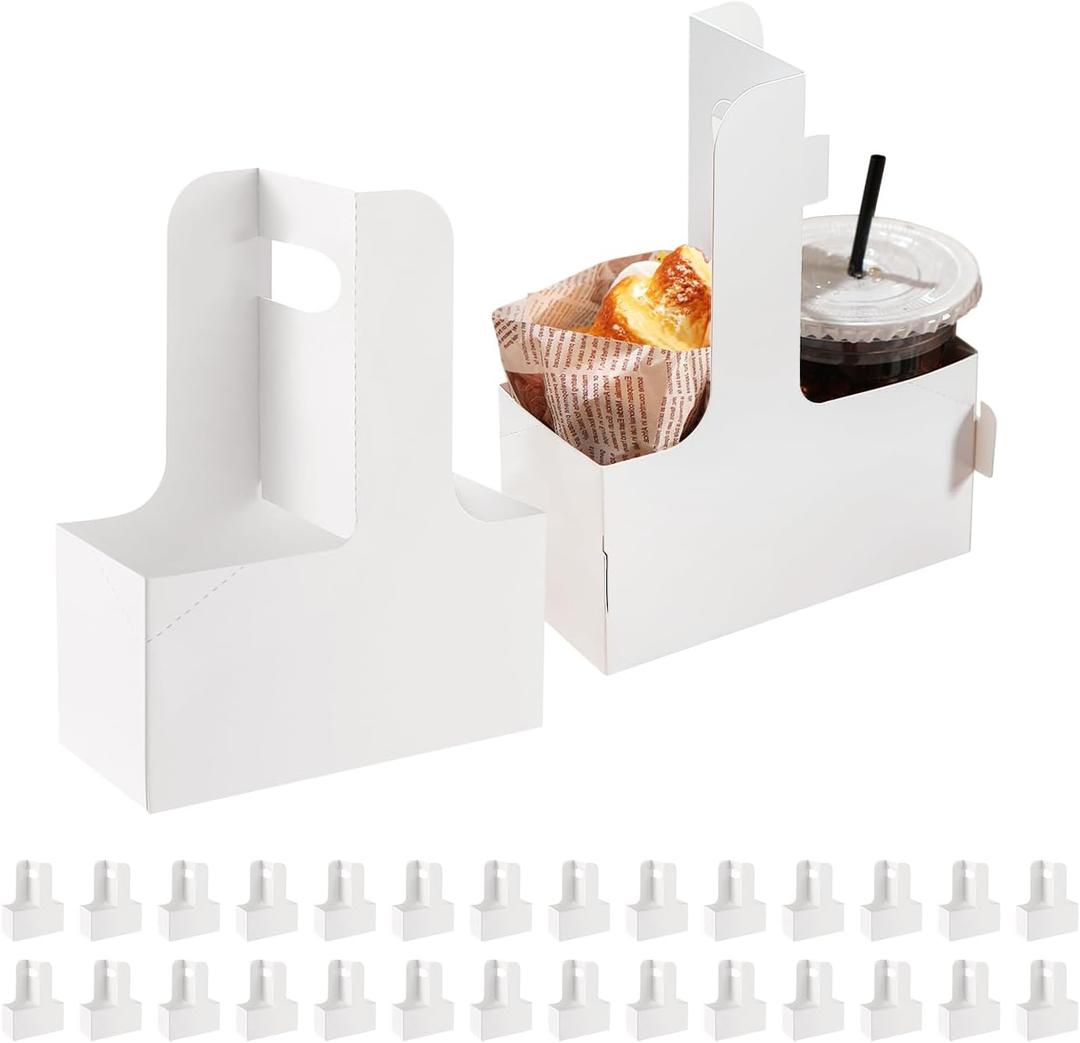 2 Cup Drink Carrier with Handles, 30 Sets White Cardboard Cup Carriers of 12-20 oz to Go Coffee Cup Holder, for Mother' s Day Hot and Cold Drink Holder and Restaurant Food Service Delivery