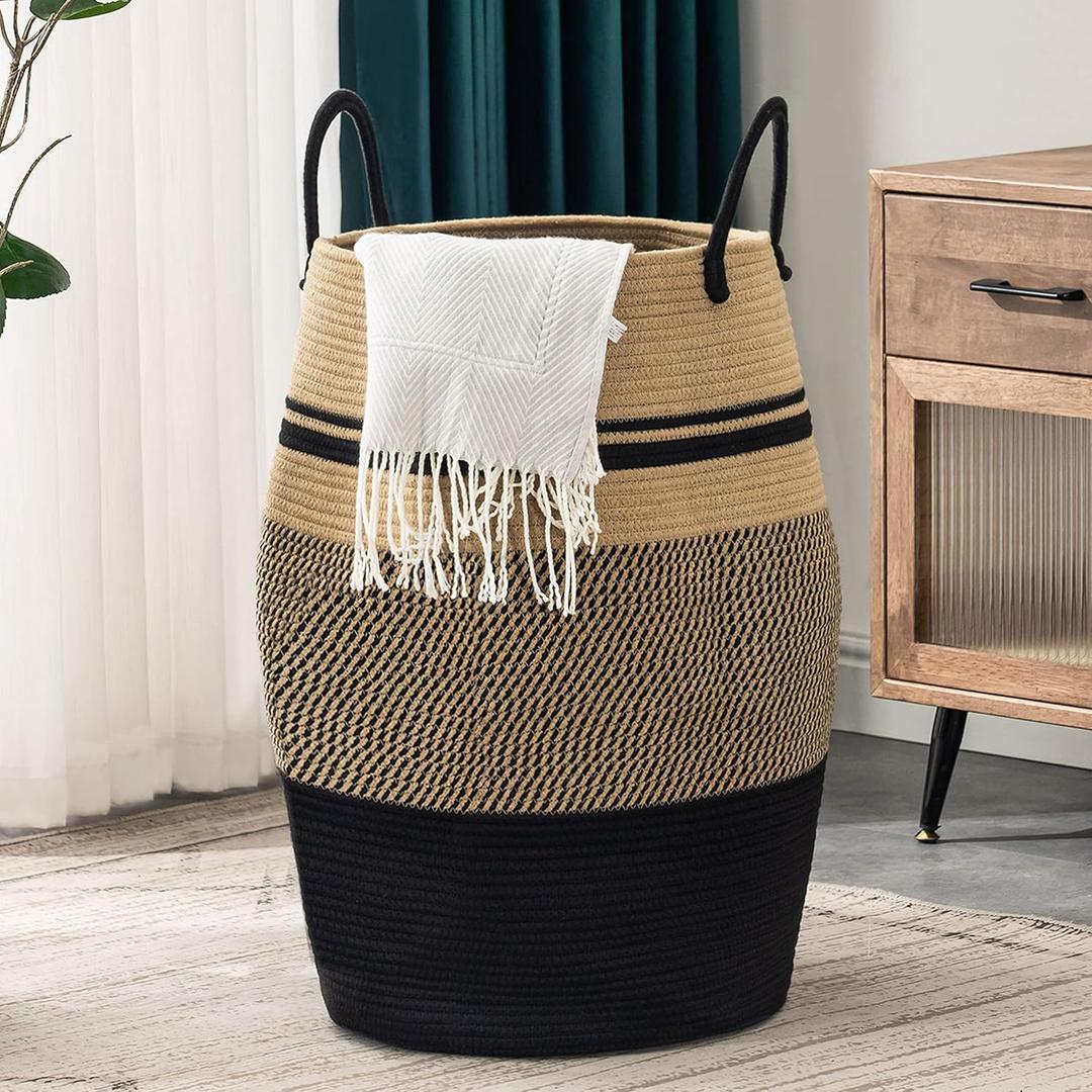 Jute Rope Laundry Hamper by YOUDENOVA, 105L - Woven Collapsible Laundry Basket - Clothes Storage Basket for Blankets organizing, Bedroom Storage, Clothes Hamper  Brown & Black