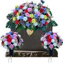ALL SPECIAL Artificial Flower for Grave Gravestone Decorations, 3 Pack Gravesite Flowers, Cemetery Graveside Bouquets Roses, Tombstone Headstone Saddle Florals Never Be Blown Away (Colorful)