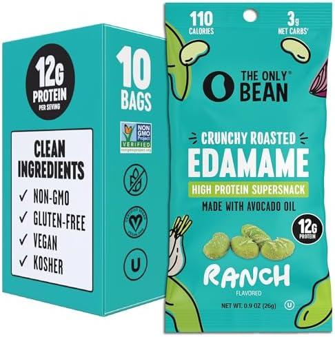 The Only Bean High Protein Snacks, Healthy Snacks for Adults and Kids, Vegan and Low Carb Snacks, Individual Gluten Free Keto Snacks - Edamame Beans Snack (Ranch) - 0.9oz (Pack of 10) Best By 14/APR/2026