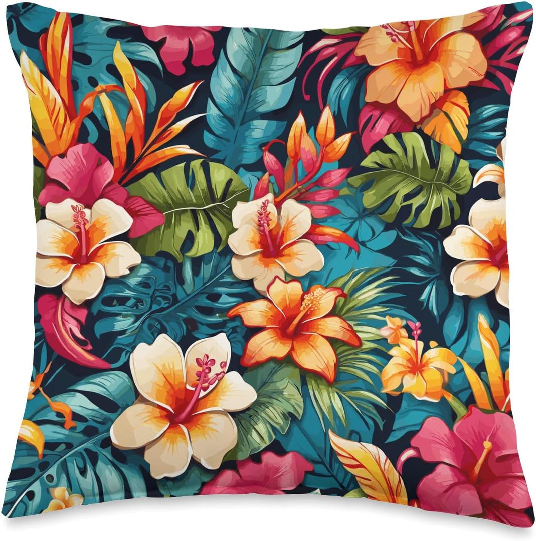 Hawaii Tropical Floral Pattern Hibiscus Flowers Palm Leaves Throw Pillow (16x16)