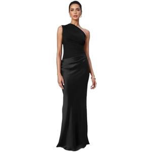 RARITYUS Women’s Elegant One Shoulder Maxi Dress Satin Ruched Bodycon Wedding Guest Dress Flowy Cocktail Evening Dresses Medium