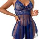 Ruzishun Women's Lingerie Sexy Lace Babydoll Dress Pajamas with Pantie Navy S L