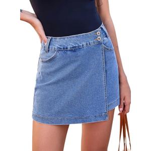 Sidefeel Skorts for Woman Casual Trendy High Waisted Stretchy Jean Shorts Asymmetrical Summer Denim Mini Skirts Light Blue Size 12