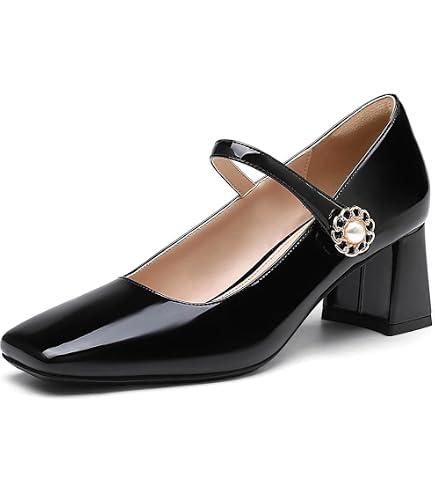 NEWBELLA Women's Patent Leather Mary Janes - Glossy Square Toe Pumps with Chunky Heel & Buckle Strap, Retro Dress Shoes for Work & Formal Events Black, Size 9