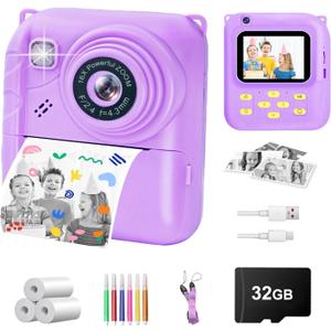 Instant Print Camera for Kids, 1080P Video Camera with 3 Print Rolls, 32GB Card & Cute Cover, Gift for Girls Boys Age 3-12, Toddler Digital Camera with Games, Filters, Music Blue