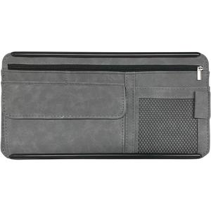 Suede Car Sun Visor Organizer with Multi-Pocket Net Zipper, Glasses Case, Sunglass Holder (Grey)